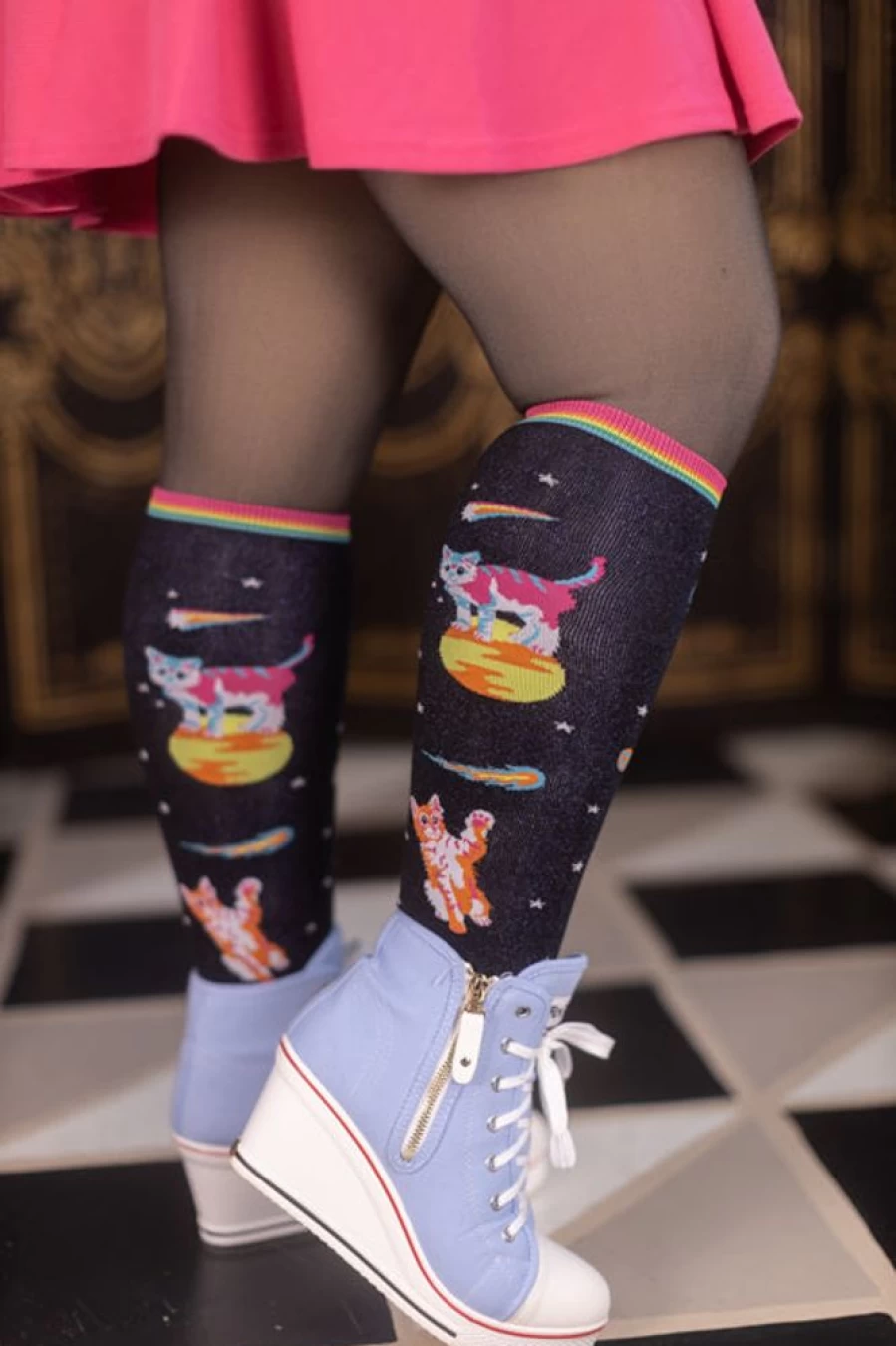 "Sock It To Me Space Cats Knee High Socks - Fun Stretchable Novelty Socks"
